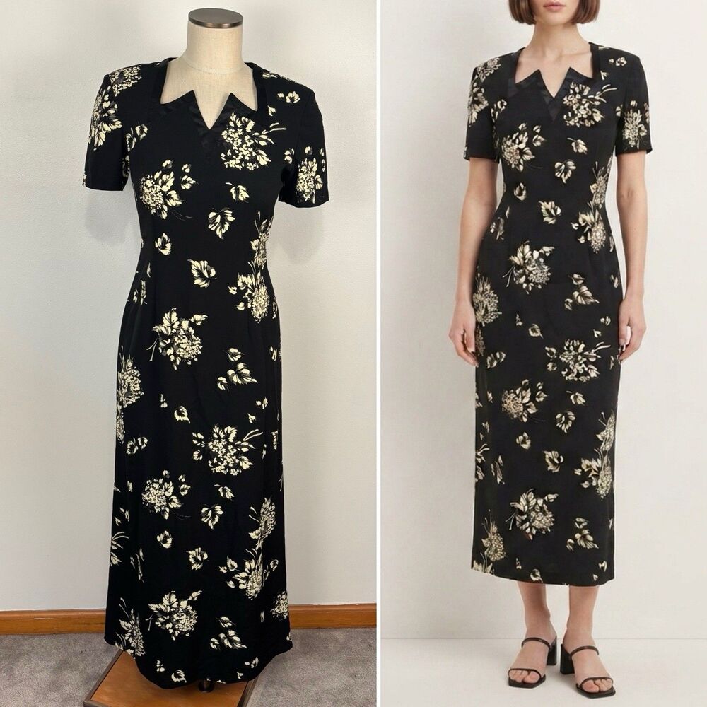 Explosion Black Cream Floral Midi Dress Size 38 US 6 90s Aesthetic Sheath NWT